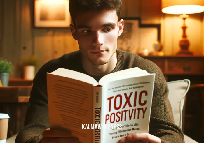 toxic positivity brene brown _ A person sitting in a cozy, well-lit room, reading a book titled "Toxic Positivity" by Brené Brown. They appear thoughtful, with a slight frown, suggesting they are reflecting on the content. The room is warmly decorated, emphasizing a comfortable and introspective atmosphere.