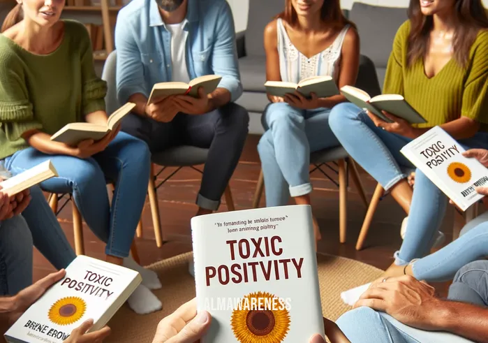 toxic positivity brene brown _ A group of diverse people in a circle, engaged in a lively discussion. They are holding copies of Brené Brown's book "Toxic Positivity". Each person is expressing different emotions - some look concerned, others curious - indicating a deep and respectful conversation about the book's themes.