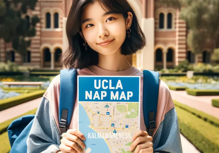 ucla nap map _ A student at UCLA, with a backpack slung over their shoulder, excitedly holding a printed map labeled "UCLA Nap Map." They stand outside, with campus buildings and greenery in the background. The student