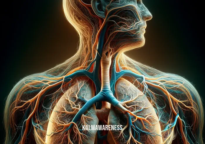 vagus nerve lung _ A detailed illustration depicting a human respiratory system, with a focus on the vagus nerve and its connection to the lungs. The image shows the vagus nerve branching out from the brainstem and extending down to the lungs, highlighting its role in controlling breathing patterns.