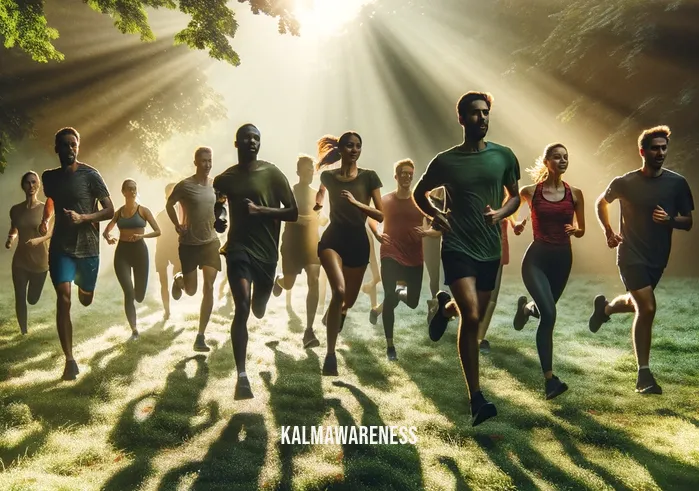 wake up run for your life with me _ A dynamic scene of a group of diverse runners moving through a lush, green park in the early morning light. They exhibit various expressions of determination and joy, their athletic forms casting long shadows on the dewy grass, embodying the spirit of shared adventure and escape.