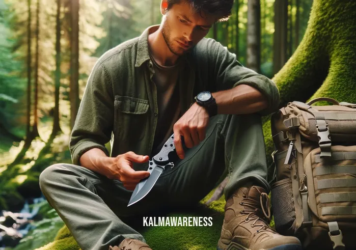 wander tactical _ A person wearing casual outdoor gear and a backpack is carefully examining a high-quality Wander Tactical knife with a keen interest. They are sitting on a moss-covered rock in a lush green forest, sunlight filtering through the trees, creating a serene and adventurous atmosphere.