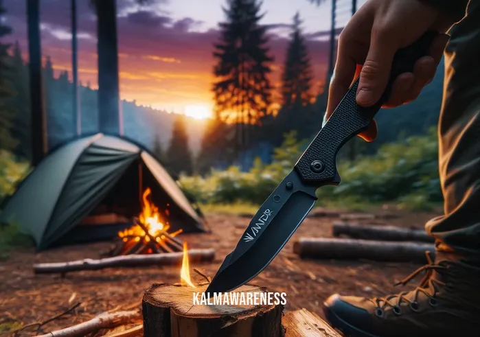 wander tactical _ In the next scene, the same person, now standing beside a small campfire in the forest, is skillfully using the Wander Tactical knife to whittle a piece of wood. The background shows a tent pitched among the trees, and the early evening sky is painted with hues of orange and purple, suggesting a peaceful end to an adventurous day.