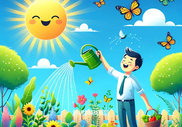 watering - happy brain _ A person joyfully watering a vibrant garden under a bright sun, symbolizing a nourished and flourishing mind. The garden is lush with various flowers and vegetables, each plant thriving under the careful attention of the individual. The scene is serene, with butterflies fluttering around, and a small bird perched on a nearby fence, all under a clear blue sky.