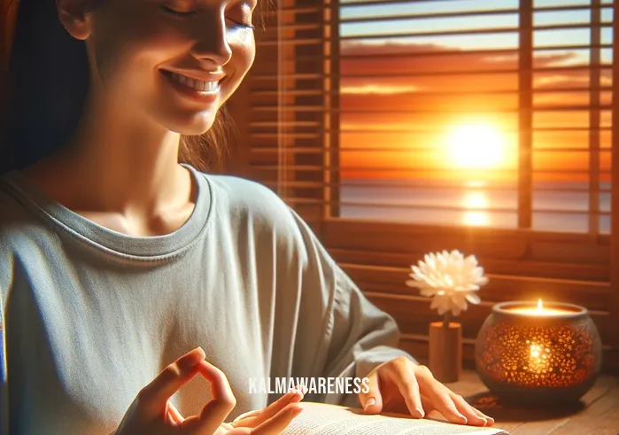 why does my head hurt when i meditate _ An image showing a relaxed individual after meditation, smiling gently with a hand resting on an open book titled "Mindful Meditation Techniques." The background features a calming sunset view through a window, illuminating the room with soft orange light.