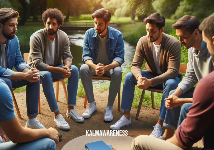 men healing _ A group of men of various ethnicities sitting in a circle in a peaceful park, engaged in a group therapy session. The men are attentively listening to one another, expressing empathy and support. The setting is serene, with trees and a gentle stream in the background, symbolizing tranquility and healing.