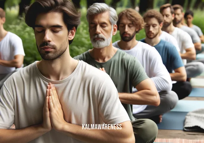men healing _ A second scene shows the same group of men, now participating in a yoga session in the same park. They are in various yoga poses, focusing on their breathing and mindfulness. The atmosphere is calm and supportive, with each man concentrating on his own healing journey, surrounded by nature's soothing presence.