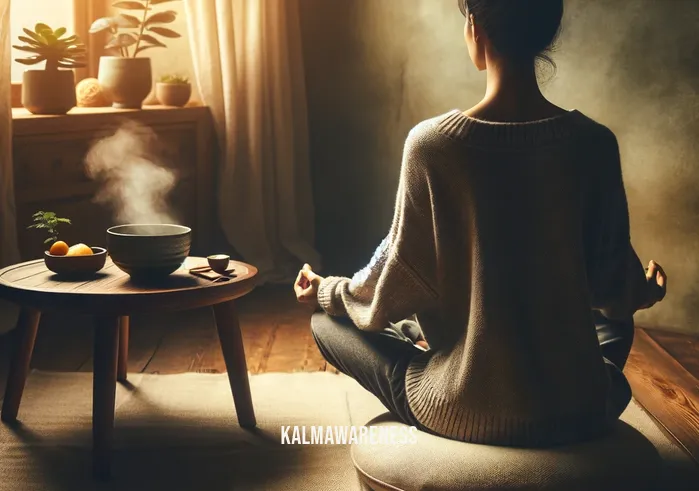 meditate before or after eating _ A peaceful setting with a person sitting cross-legged on a cushion in a dimly lit, cozy room. They are facing a low table with a steaming cup of herbal tea and a small, untouched bowl of fruit, indicating a meditation session before eating.