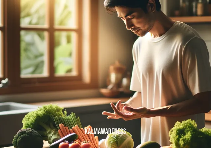 mindful plate _ A serene kitchen setting with soft natural light, where a person of South Asian descent in casual attire is thoughtfully selecting fresh vegetables and fruits from a variety of colorful, organic produce displayed on a wooden counter. The person