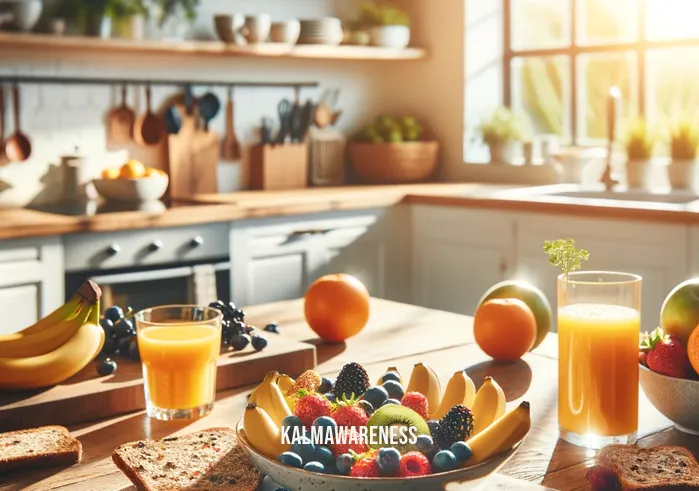 good morning wake up to a brand new day _ A bright, modern kitchen in the morning light. A healthy breakfast is set on a wooden table, including a bowl of fresh fruit, whole grain toast, and a glass of orange juice. The background shows a window with a view of a sunny garden, enhancing the sense of a fresh, new beginning.