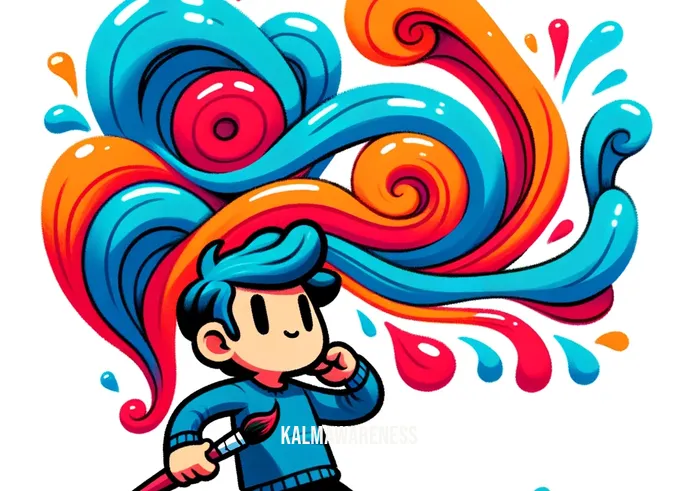 movement clipart _ A continuation of the first illustration, now showing the cartoon character stepping back to admire their completed work. The abstract design has transformed into a lively and vivid portrayal of motion, with swirls and streaks of color suggesting fluidity and energy. The character's face is filled with pride and satisfaction at their artistic creation.