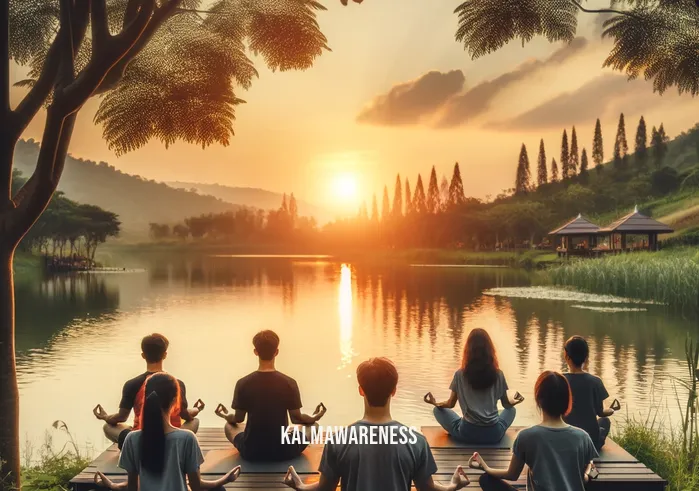 movement mindfulness and me _ A picturesque outdoor setting with a small group of people meditating by a tranquil lake at sunset. The scene captures a moment of collective mindfulness, with each individual seated in a lotus position, eyes closed, and expressions of tranquility. The surrounding nature adds to the serene atmosphere.