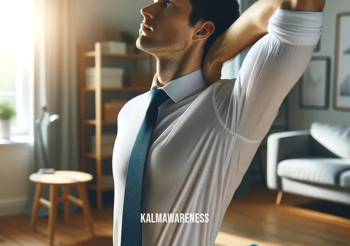 head and shoulders directions _ A person in a business casual attire demonstrating the first step of the head and shoulders exercise, standing upright with their hands relaxed at their sides. They are tilting their head gently to the right, focusing on the movement to stretch the neck muscles. The background is a bright, clutter-free room with a yoga mat on the floor.