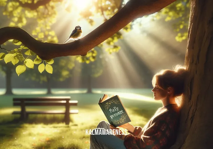 fully present book _ A person sitting peacefully under a tree in a tranquil park, engrossed in reading a book titled "Fully Present." The scene is serene, with the sun casting a gentle light through the leaves, and a small, cheerful bird perched on a nearby branch. The reader