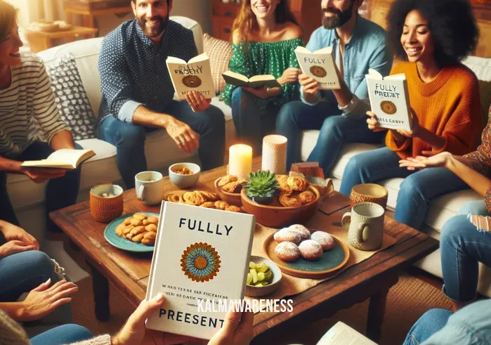 fully present book _ A small group of diverse individuals gathered in a cozy living room, animatedly discussing the book "Fully Present." Each person is holding a copy of the book, and the room is filled with a warm, inviting atmosphere. A coffee table in the center is adorned with snacks and beverages, fostering a sense of community and shared learning.