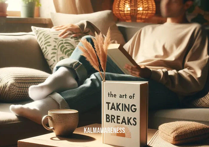 how to get out of practice _ A person sitting comfortably on a couch, looking relaxed and content, with a book titled "The Art of Taking Breaks" on their lap, symbolizing the initial step of recognizing the need for a break from practice.