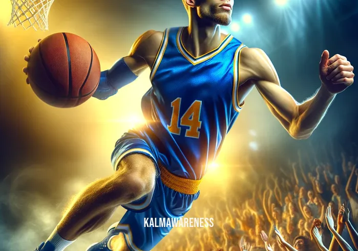 how to get out of your head in sports _ A basketball player in a blue and gold uniform leaps gracefully towards a basketball hoop, eyes focused intently on the basket. The player's expression is one of concentration and determination, embodying the moment of mental clarity and focus during a high-pressure game. The background shows a vibrant, cheering crowd, blurred to emphasize the athlete's focused state.