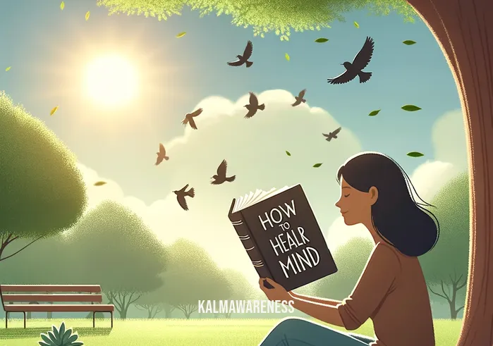 how to heal your mind book _ A person sitting peacefully under a tree in a serene park, absorbed in reading a book titled "How to Heal Your Mind." The setting is tranquil, with birds in the sky and a gentle breeze rustling the leaves. The reader