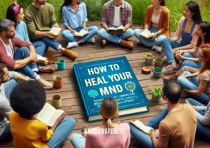 how to heal your mind book _ A small group of diverse individuals seated in a circle outdoors, each holding a copy of "How to Heal Your Mind." They are engaged in a lively discussion, pointing to passages in their books and sharing personal insights. The atmosphere is supportive and collaborative, embodying a community coming together to learn and grow mentally.