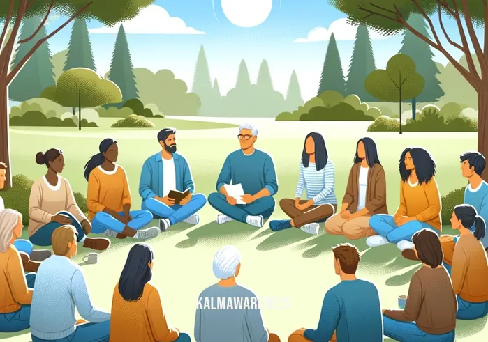 how to practice gratitude _ A group of diverse individuals sitting in a circle in a park, sharing stories with each other. Each person is speaking in turn, expressing gratitude for different aspects of their lives. The setting is serene, with trees and a clear sky, creating an environment of communal sharing and appreciation for life's joys.