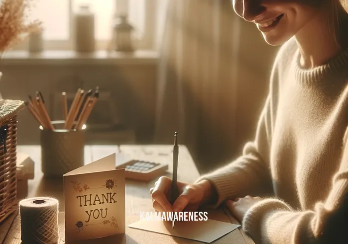 intentional gratitude _ A person sitting at a desk, writing a thank-you card with a smile. The desk is neatly organized with stationery items, and the card has "Thank You" written on the front. Sunlight streams through a nearby window, creating a warm, inviting atmosphere.