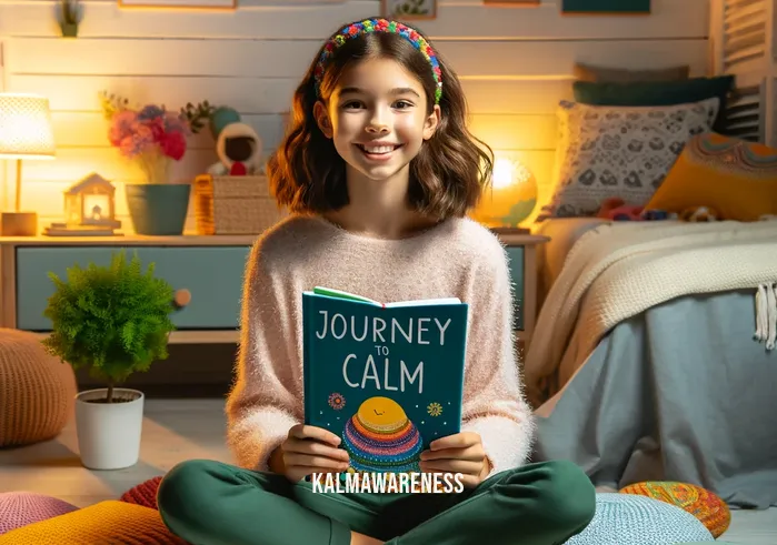 mindfulness books for tweens _ A young tween, with a cheerful expression, sits cross-legged in a cozy, well-lit bedroom, surrounded by colorful cushions. They are engrossed in reading a vibrant mindfulness book titled "Journey to Calm", with illustrations of serene landscapes on the cover. The room is adorned with peaceful decorations, including a small plant, gentle lighting, and inspirational quotes on the walls, creating a tranquil reading environment.