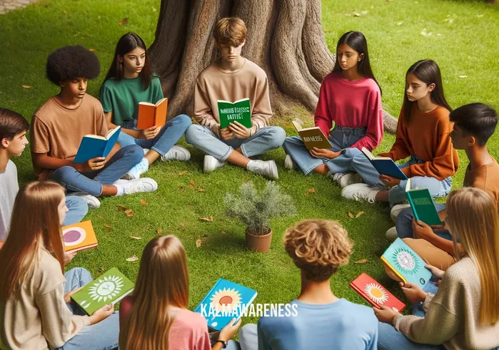 mindfulness books for tweens _ In the next scene, the same tween, now joined by a small group of friends of diverse backgrounds, shares insights from the mindfulness book in a serene outdoor setting. They are seated in a circle on the grass under a large, leafy tree, with each child holding a copy of different mindfulness books. The atmosphere is calm and collaborative, with each child listening intently, reflecting a sense of shared learning and mutual respect.
