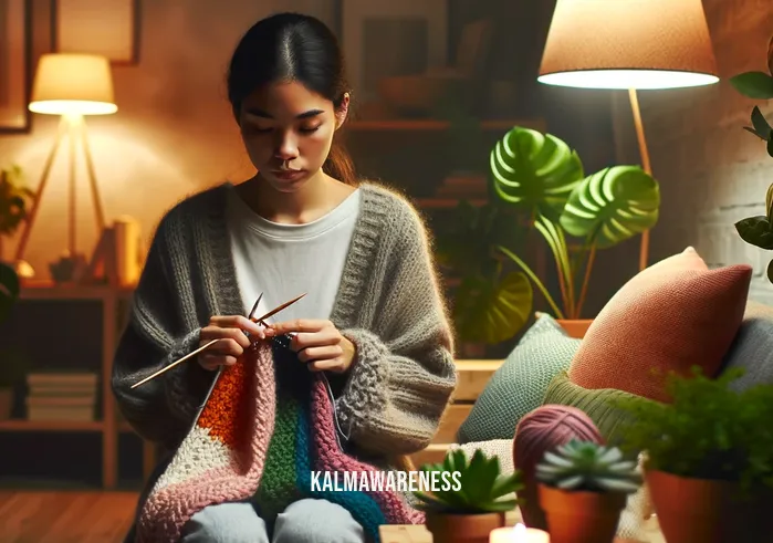 busy hands quiet mind _ A person sitting in a well-lit, cozy room, surrounded by plants and books, deeply focused on knitting a colorful scarf. The person