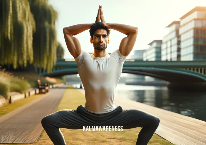 foundation training vs yoga _ A man of South Asian descent wearing comfortable fitness attire is performing a foundation training exercise outdoors. He is in a triangular stance with his feet apart, hands clasped behind his head, and his chest thrust forward, demonstrating the Founder