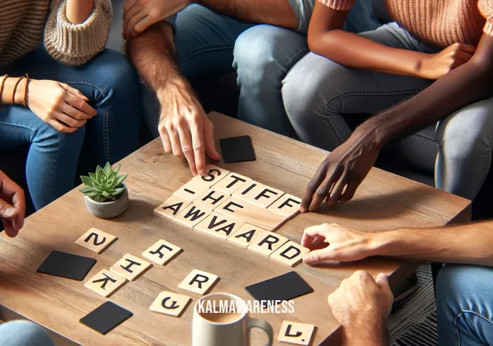 stiff and awkward 7 little words _ In the second image, a small, informal group of diverse individuals is gathered around a coffee table, playing a word game similar to '7 Little Words'. Among the scattered letter tiles on the table, the words "stiff" and "awkward" are prominently displayed. The players show a mix of expressions - some amused, some deep in thought - indicating the enjoyable yet challenging nature of the game.