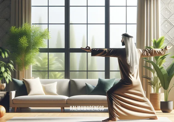 i love watching you do yoga _ A serene living room setting with soft, natural light filtering through large windows. In the center, a person of Middle-Eastern descent in comfortable yoga attire is gracefully performing a Warrior II pose, their arms extended and gaze focused forward. The room is minimally decorated with indoor plants, providing a calming and peaceful atmosphere.