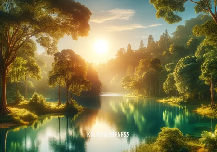 calm background images _ A serene landscape featuring a tranquil lake surrounded by lush green trees under a clear blue sky. The sun is gently setting, casting a warm, golden hue over the peaceful scenery, creating an atmosphere of relaxation and tranquility.