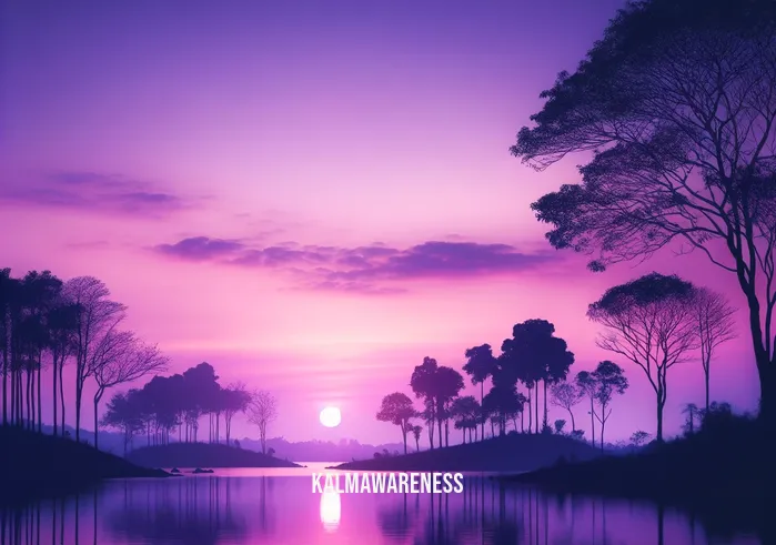 calm background images _ A continuation of the serene scene, now with the sun fully set, giving way to a twilight sky. Soft purple and pink hues blend seamlessly above the now silhouette-like trees and the still lake, reflecting the subtle colors of the dusk sky, enhancing the calm and soothing ambiance of the background.