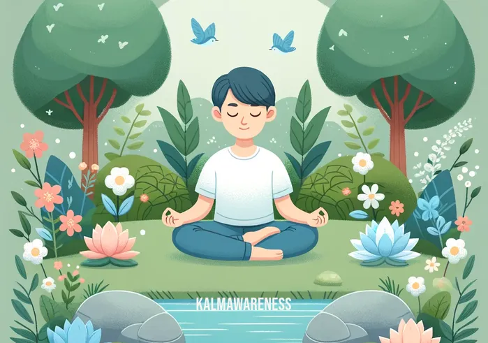 calm heart meditation _ A person sitting peacefully in a lotus position in a serene garden, surrounded by blooming flowers and a gently flowing stream. Their eyes are closed, and a soft smile is on their face, indicating a state of deep relaxation and inner peace, as they begin their journey of calm heart meditation.