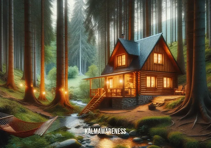 images for relaxation _ A cozy woodland cabin at twilight, with warm light spilling from its windows. Surrounding the cabin are towering pine trees, and a small, clear stream flows nearby. A hammock is strung between two trees, inviting relaxation in the heart of nature.