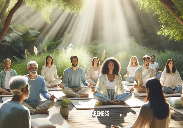 jaw relaxation meditation _ A serene outdoor setting where a diverse group of people sit in a circle on comfortable mats, practicing jaw relaxation meditation. The scene is peaceful, with soft sunlight filtering through the leaves of surrounding trees. Each individual, showing a mix of ethnicities and ages, is in a state of deep relaxation with their eyes closed, hands resting on their knees, and a gentle smile on their lips. They follow a guided meditation, focusing on releasing tension in their jaw muscles, led by an instructor seated at the front.A cozy, dimly-lit room where an individual of middle-eastern descent practices jaw relaxation meditation alone. Soft instrumental music plays in the background. The person is seated comfortably on a cushion, with a warm, earth-toned blanket draped over their lap. They gently massage their jaw with their fingertips, using slow, circular motions, visibly releasing stress and tension from their facial muscles. A small, glowing candle on a nearby table casts a soothing light across the room, enhancing the tranquil atmosphere.