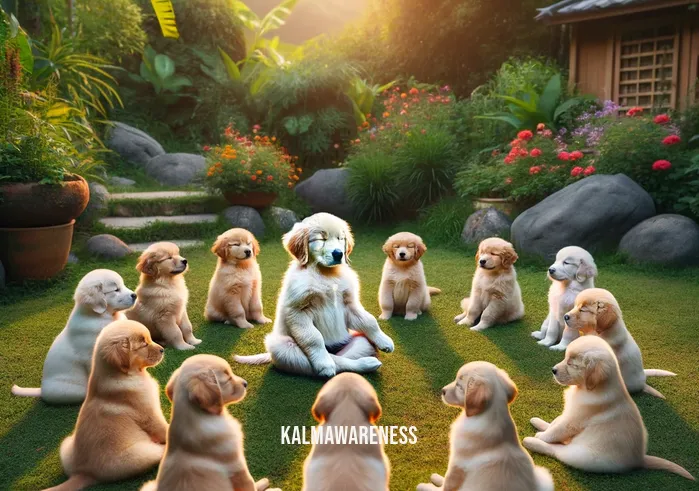 puppy meditation _ A serene garden setting where a group of puppies of various breeds are sitting calmly in a circle, surrounded by a lush green lawn and colorful flowers. In the center of the circle, a golden retriever puppy sits in a meditative pose, eyes closed and paws positioned as if in deep concentration. The sun casts a gentle, warm glow over the scene, enhancing the peaceful atmosphere.