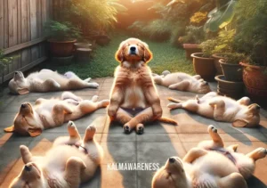 puppy meditation _ The next image shows the same group of puppies, now lying down on their backs, paws relaxed in the air. The golden retriever, still in the center, appears to be leading a relaxation session. The puppies have their eyes closed, and there's a sense of tranquility. The garden around them is bathed in the soft light of sunset, casting long, peaceful shadows.