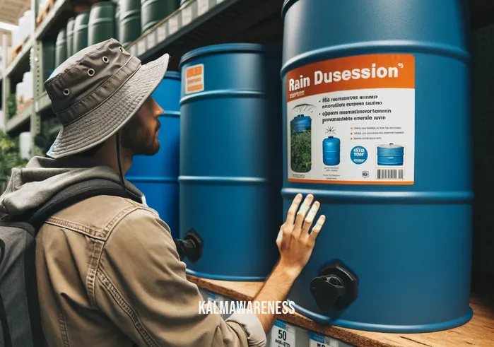 rain tools _ A second person, wearing a waterproof hat, is in a hardware store choosing from a variety of rain barrels displayed on shelves. They are examining a blue 50-gallon barrel, reading its label which highlights features like UV protection and a mosquito-proof lid, showing interest in sustainable rainwater collection.