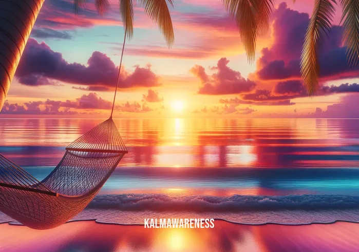 stress relief backgrounds _ A serene beach scene at sunset, with gentle waves lapping at the shore. The sky is a vibrant mix of orange, pink, and purple hues, reflecting on the calm water. A single hammock hangs between two palm trees, inviting relaxation. The scene embodies tranquility and a natural escape from stress.