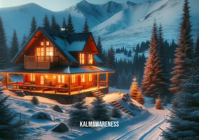 stress relief backgrounds _ A cozy mountain cabin at twilight, nestled in a snow-covered landscape. Warm light glows from the windows, contrasting with the cool blue and white tones of the snow and sky. A clear path leads to the cabin, surrounded by tall pine trees, creating a sense of peaceful solitude and a retreat from the world.