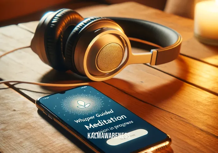 whisper guided meditation _ A close-up of a pair of headphones resting on a wooden table, connected to a smartphone displaying a meditation app. The screen shows the title "Whisper Guided Meditation - Session In Progress". The headphones are surrounded by a warm, ambient light, suggesting a quiet, personal space for someone immersing themselves in the calming meditation audio.