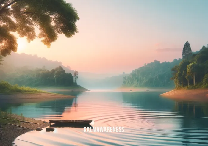 words for relaxed _ A serene landscape showing a vast, tranquil lake surrounded by lush greenery. Gentle ripples are visible on the water