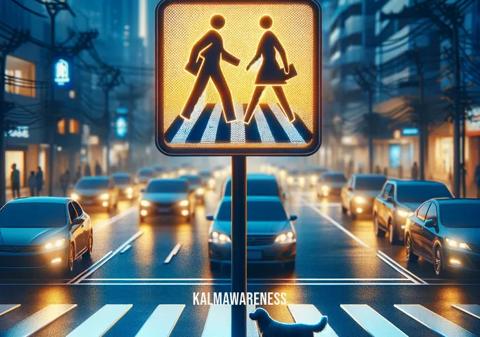 protecting yourself and others while driving means you are practicing _ A pedestrian crossing sign brightly illuminated at dusk on a busy street. Cars are stopped at the crossing, allowing a group of people, including children and a dog, to safely cross the road. The drivers show patience and attentiveness, highlighting responsible and safe driving practices.