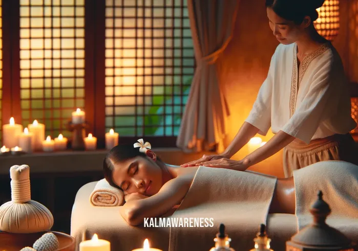 self care businesses _ A serene spa setting with soft lighting and candles, where a skilled masseuse gives a relaxing back massage to a content client. The room is decorated with tranquil colors, and essential oil diffusers release a gentle, calming aroma, enhancing the peaceful ambiance.