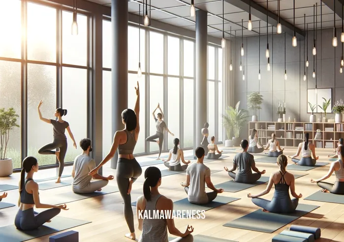 self care businesses _ A modern yoga studio with large windows allowing natural light to flood in. A diverse group of people are engaged in a yoga session, led by an experienced instructor demonstrating a pose at the front. The room is spacious and equipped with yoga mats, blocks, and soothing background music.