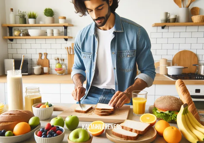 self care daily reminders _ An image illustrating the second step in a self-care routine, set in a bright, modern kitchen. A person of Middle-Eastern descent, wearing casual home attire, is preparing a healthy breakfast. Ingredients like fresh fruits, whole grain bread, and a smoothie are visible on the counter. The atmosphere is calm and nurturing, emphasizing the importance of nourishing the body as part of self-care.