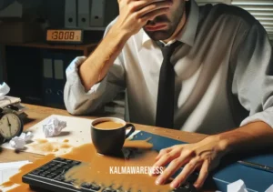 bad day pictures _ A person sitting at a desk with a spilled coffee cup, papers scattered around. Their expression is one of dismay, and the computer keyboard is partially covered with coffee. In the background, a clock shows it's early in the morning.