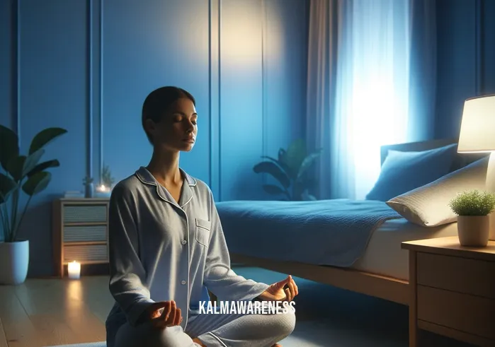 mindful movement fall asleep fast _ A serene bedroom setting at dusk, with soft blue and purple hues casting a calming glow. A person in comfortable pajamas is seated on the bed, practicing deep breathing exercises. Their eyes are gently closed, hands resting on their knees, and a slight smile on their face indicates a state of relaxation. The room is tidy and minimalist, with a few plants and soft lighting, creating a tranquil atmosphere conducive to sleep.A peaceful nighttime scene in the same bedroom. The person, now lying under a cozy blanket, has transitioned into a gentle body scan meditation. The room is dimly lit by a nightlight, casting a warm, amber glow. Their expression is relaxed and peaceful, suggesting they are on the verge of falling asleep. The window shows a glimpse of a starry sky, adding to the serene ambiance.
