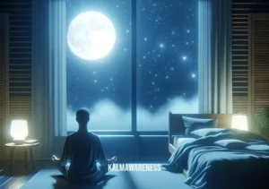 5 min sleep meditation _ A peaceful scene showing the same person now lying comfortably in bed with eyes closed, practicing visualization techniques as part of the sleep meditation process. The room is bathed in soft moonlight filtering through the window, enhancing the tranquil atmosphere.